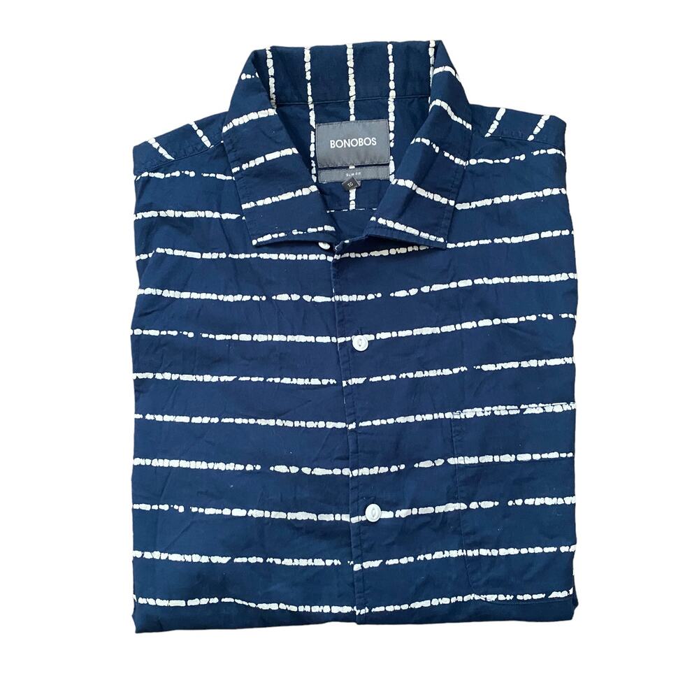 Bonobos Men's Navy Blue Slim Fit Tie Dye Striped Short Sleeve Button Up Shirt XL
